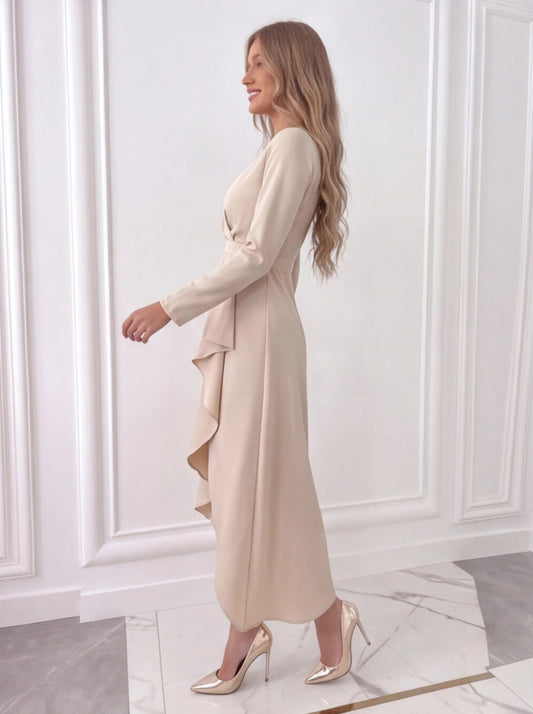 White Midi Dress with Asymmetric Cut | Long Sleeve Design for Effortless Style