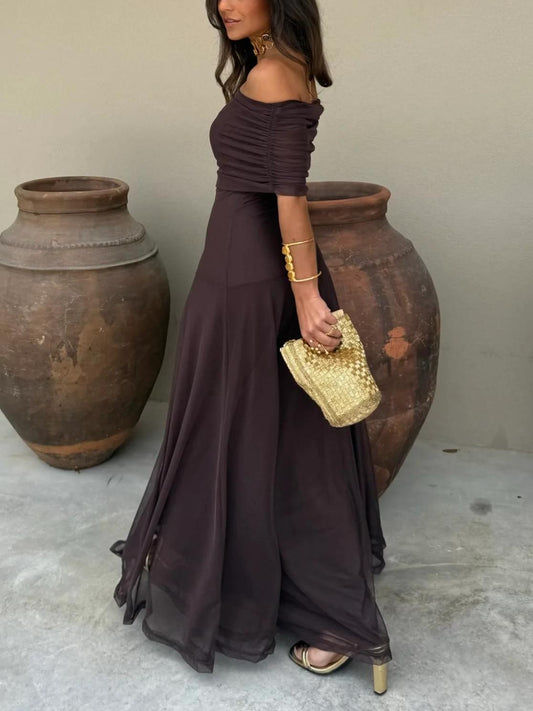 Elegant Maxi Dresses for Women | Off Shoulder Chiffon Design with Flowing Overlay | Perfect for Weddings and Special Occasions 1