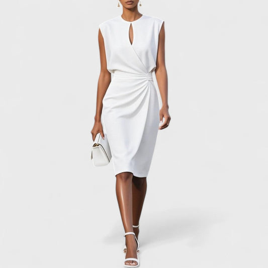 Elegant Midi Cocktail Dress with Ruched Design & Keyhole Neckline | Stylish Wedding Guest Dress for Special Occasions 1