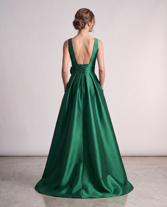 Elegant Satin Maxi Dress with High-Low Hem & Floral Applique for Formal Events 1