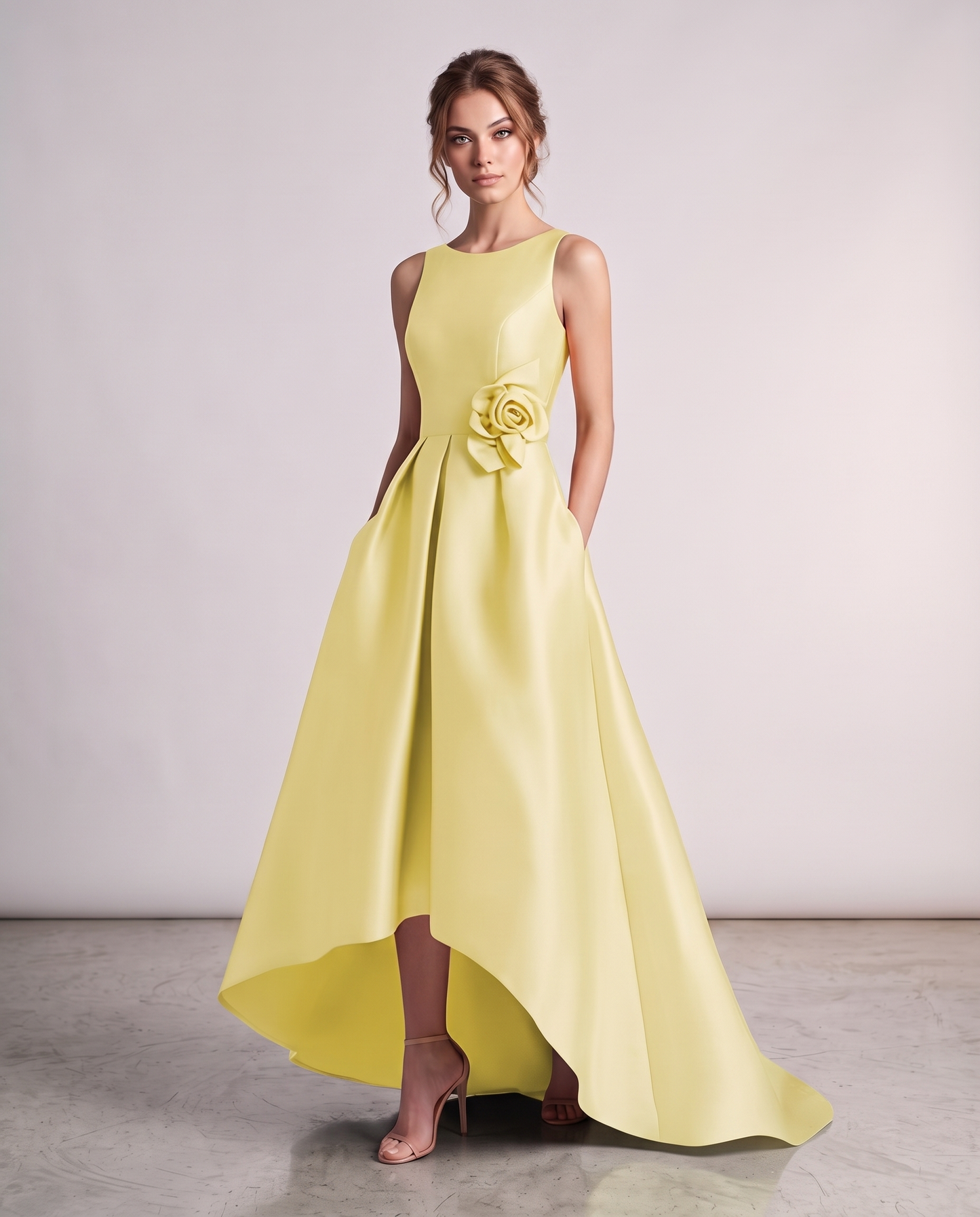 Elegant Satin Maxi Dress with High-Low Hem & Floral Applique for Formal Events 15