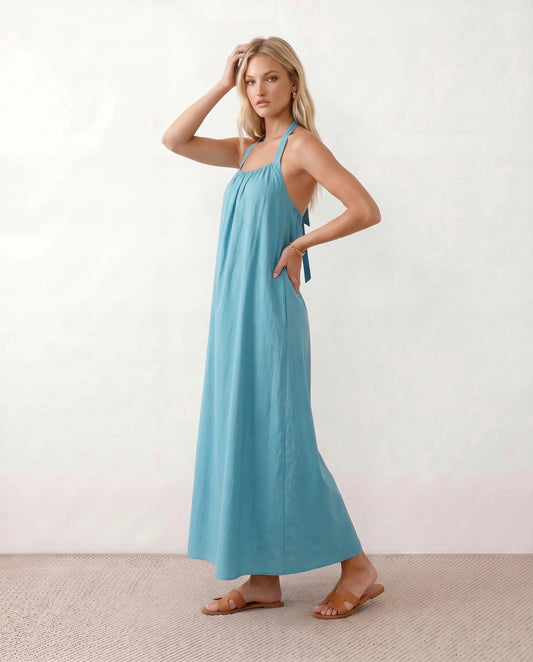 Women's Lightweight A-Line Maxi Dress | Elegant Halter Neck Summer Dress with Open Back 1