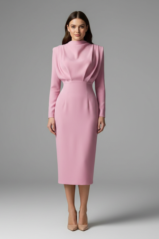 Women's Plain Woven Mini Dress | Elegant High Neckline Long Sleeve Summer Dress 0