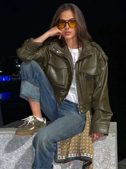 Chic Cropped Leather Jacket Women with High Stand Collar | Stylish Design for Night Out 0