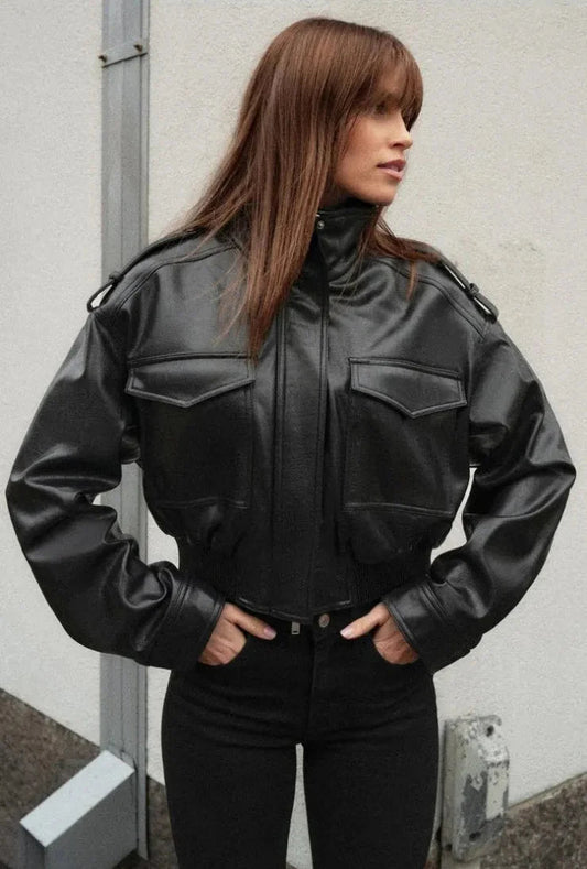 Chic Cropped Leather Jacket Women with High Stand Collar | Stylish Design for Night Out 1