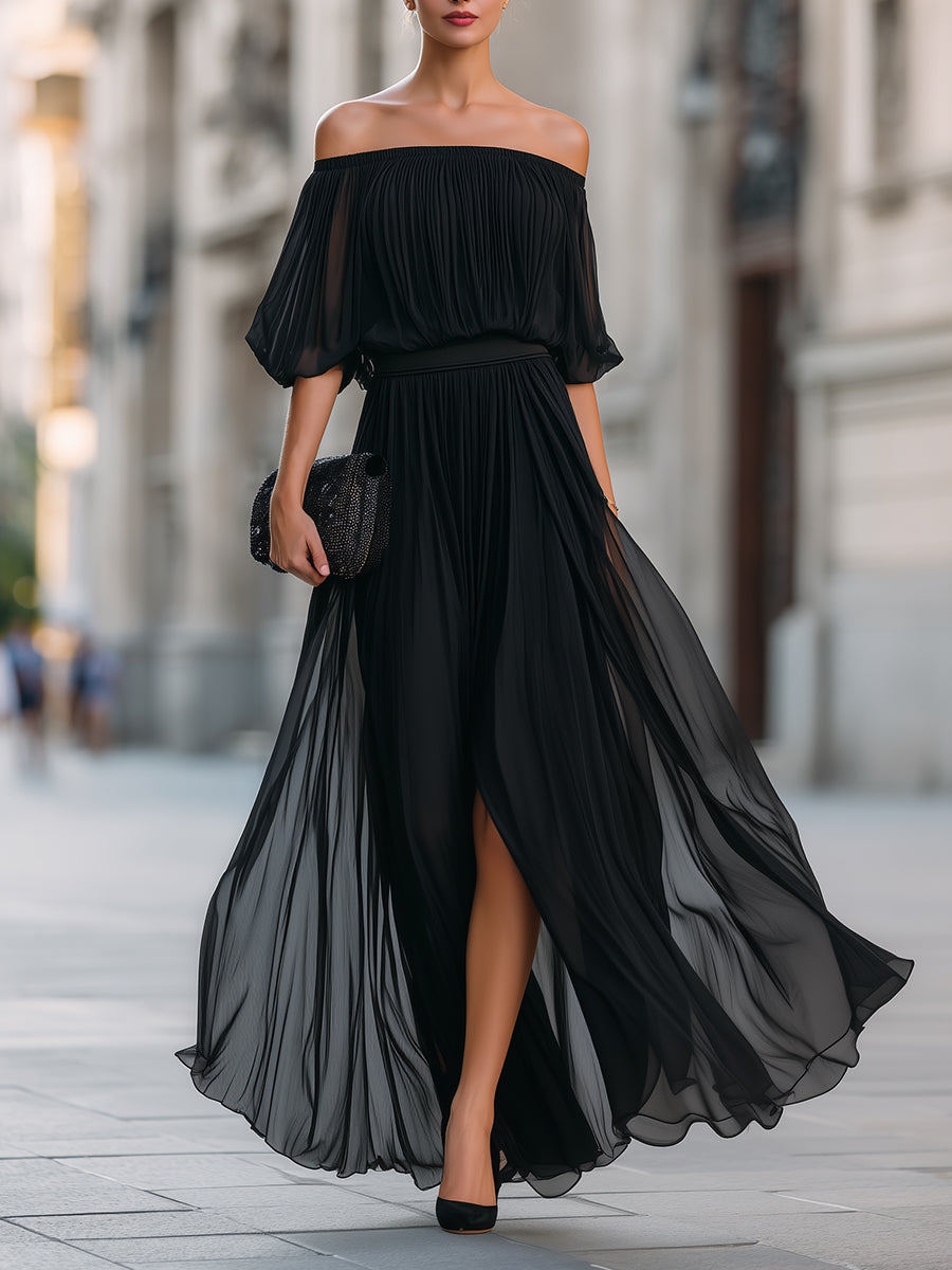 Elegant Collection | Black Maxi Dress with Off-Shoulder Neckline | Pleated Design for Timeless Style 0