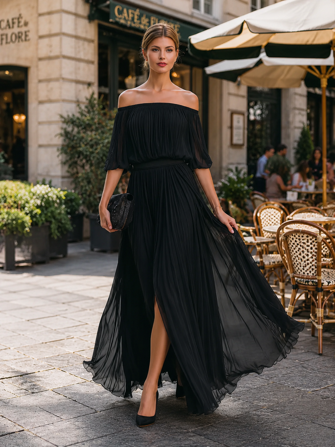 Elegant Collection | Black Maxi Dress with Off-Shoulder Neckline | Pleated Design for Timeless Style 2