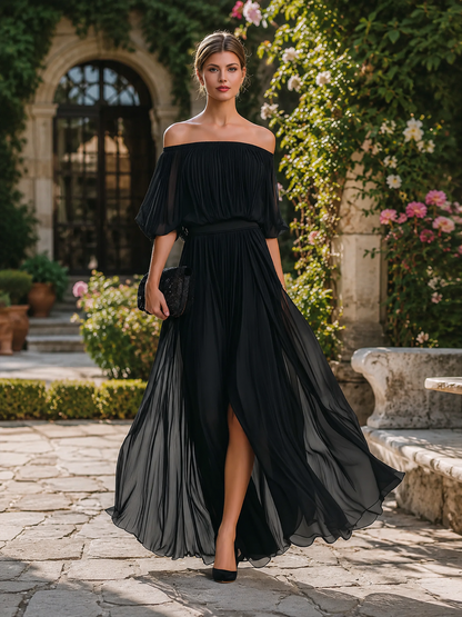 Elegant Collection | Black Maxi Dress with Off-Shoulder Neckline | Pleated Design for Timeless Style 4