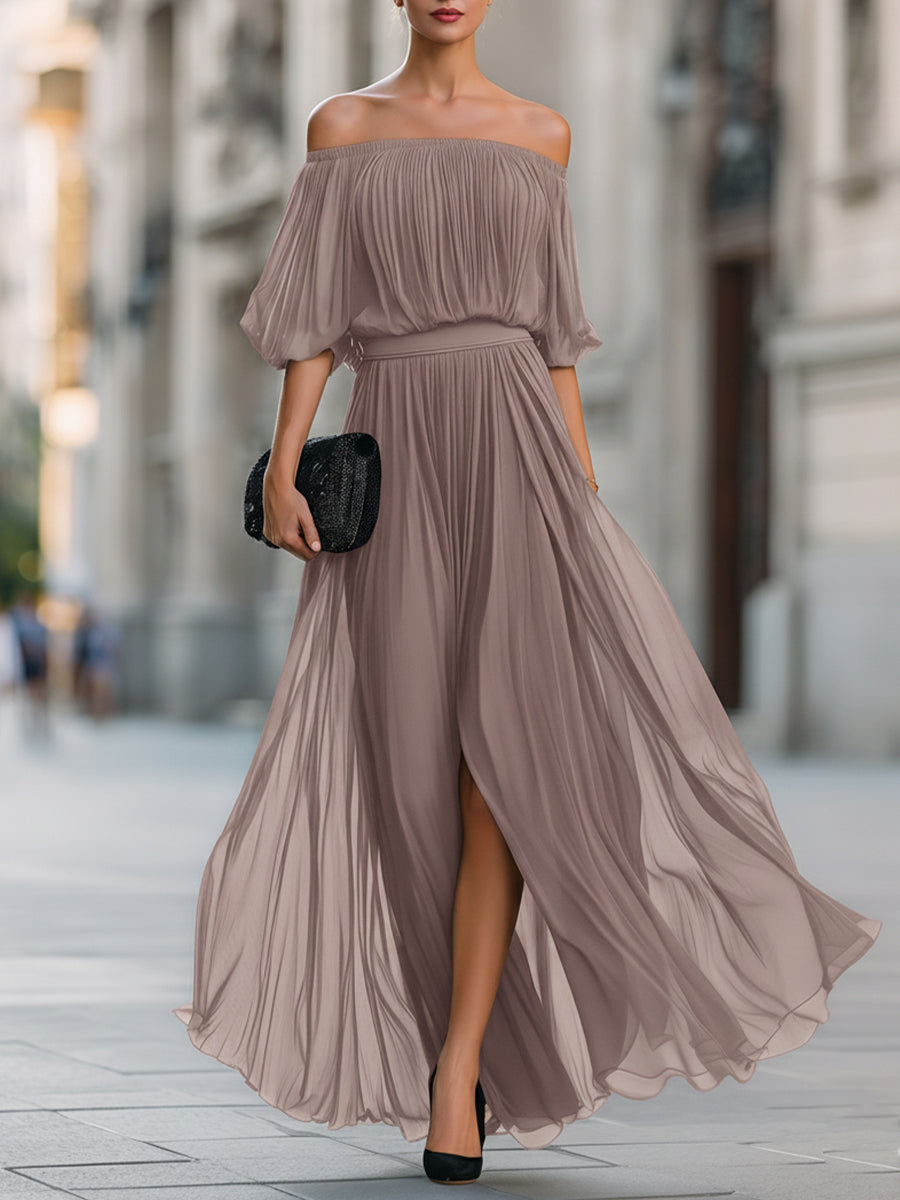 Elegant Collection | Black Maxi Dress with Off-Shoulder Neckline | Pleated Design for Timeless Style 6