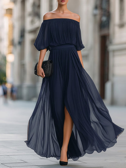 Elegant Collection | Black Maxi Dress with Off-Shoulder Neckline | Pleated Design for Timeless Style 8