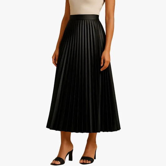 Elegant Collection | Black Satin Midi Skirt with Pleated Design | Versatile Piece for Day to Evening Wear 0