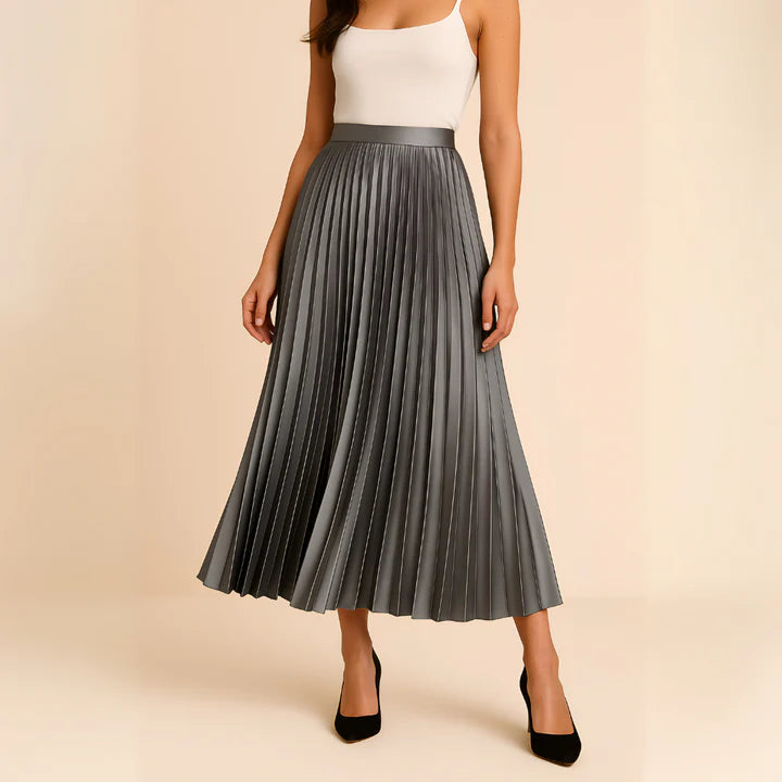 Elegant Collection | Black Satin Midi Skirt with Pleated Design | Versatile Piece for Day to Evening Wear 2