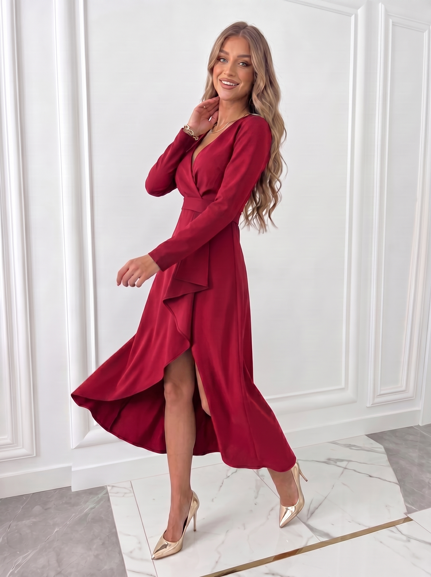 Elegant Collection | White Midi Dress with Asymmetric Cut | Long Sleeve Design for Effortless Style