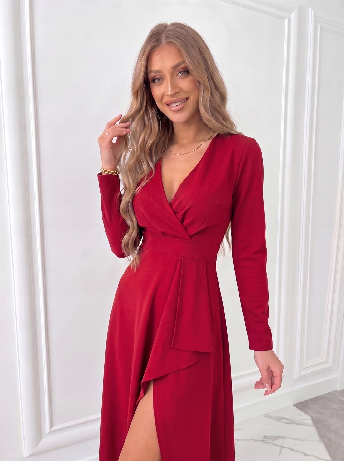 Elegant Collection | White Midi Dress with Asymmetric Cut | Long Sleeve Design for Effortless Style