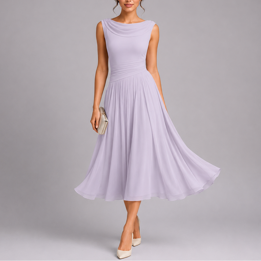 Elegant Collection | White Midi Dress with Draped Neckline | Timeless Style for Effortless Sophistication 0