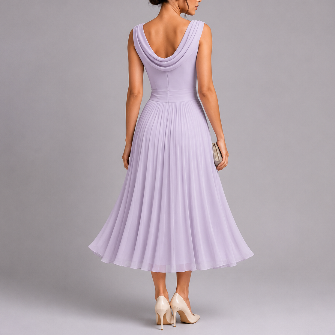 Elegant Collection | White Midi Dress with Draped Neckline | Timeless Style for Effortless Sophistication 1