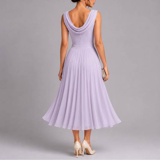 Elegant Collection | White Midi Dress with Draped Neckline | Timeless Style for Effortless Sophistication 1