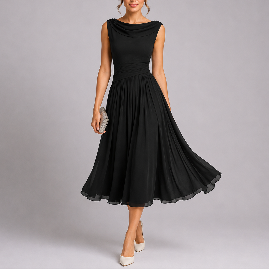 Elegant Collection | White Midi Dress with Draped Neckline | Timeless Style for Effortless Sophistication 2