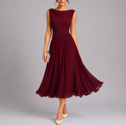 Elegant Collection | White Midi Dress with Draped Neckline | Timeless Style for Effortless Sophistication 3