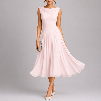 Elegant Collection | White Midi Dress with Draped Neckline | Timeless Style for Effortless Sophistication 4