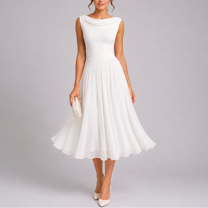 Elegant Collection | White Midi Dress with Draped Neckline | Timeless Style for Effortless Sophistication 5