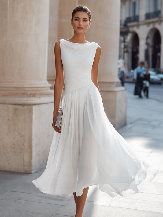 White Midi Dress with Pleated Skirt | Flattering Fit for Any Occasion