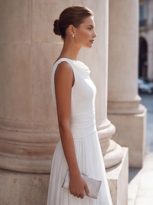 White Midi Dress with Pleated Skirt | Flattering Fit for Any Occasion