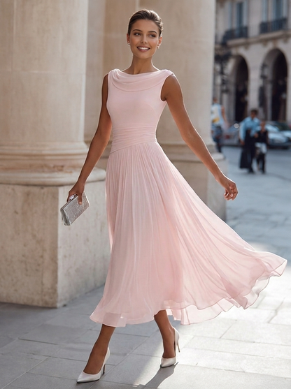 Elegant Collection | White Midi Dress with Pleated Skirt | Flattering Fit for Any Occasion