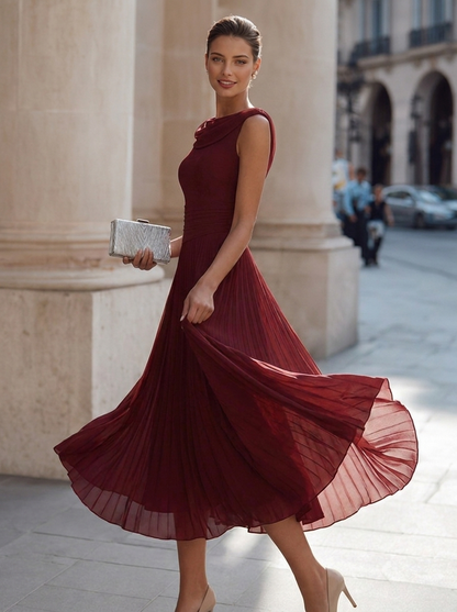 Elegant Collection | White Midi Dress with Pleated Skirt | Flattering Fit for Any Occasion