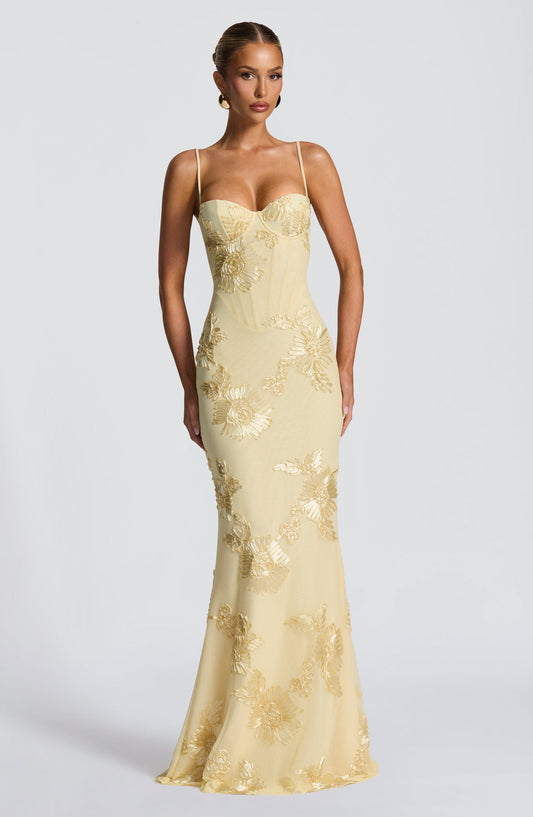 Elegant Floral Maxi Dress with Corset Bodice &amp; Slim Straps for Unforgettable Occasions 0