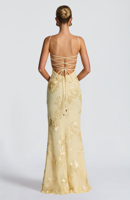 Elegant Floral Maxi Dress with Corset Bodice &amp; Slim Straps for Unforgettable Occasions 1