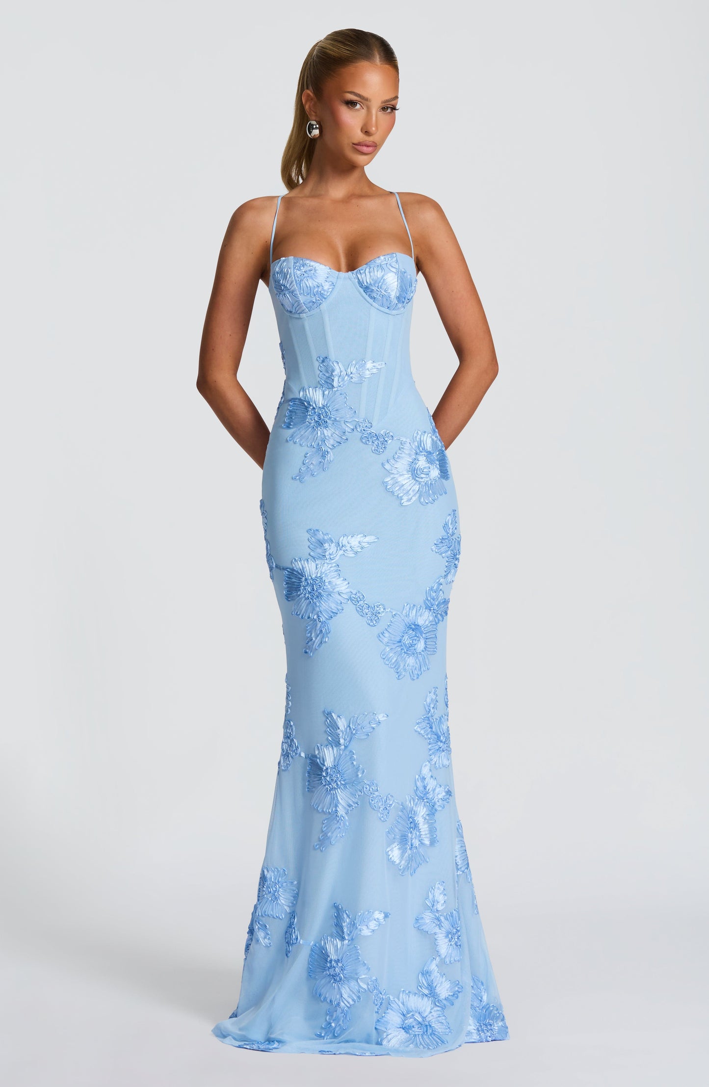 Elegant Floral Maxi Dress with Corset Bodice &amp; Slim Straps for Unforgettable Occasions 10