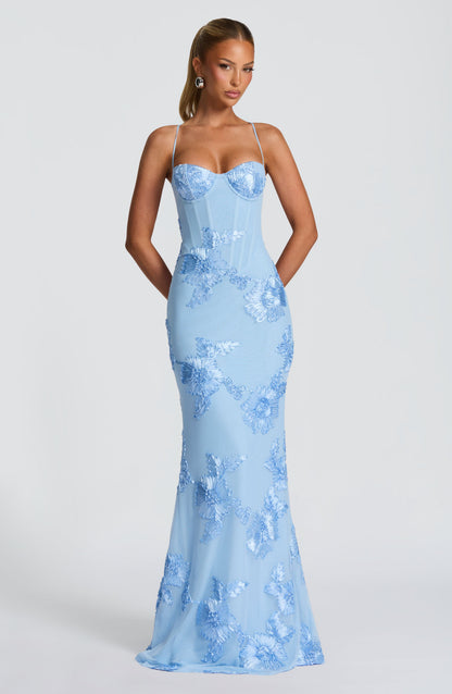 Elegant Floral Maxi Dress with Corset Bodice &amp; Slim Straps for Unforgettable Occasions 10
