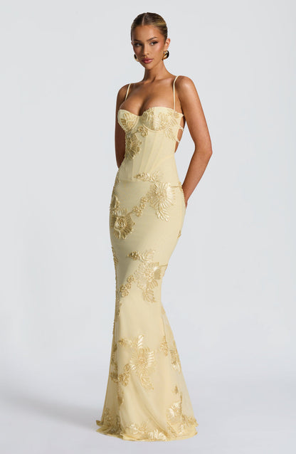 Elegant Floral Maxi Dress with Corset Bodice &amp; Slim Straps for Unforgettable Occasions 2