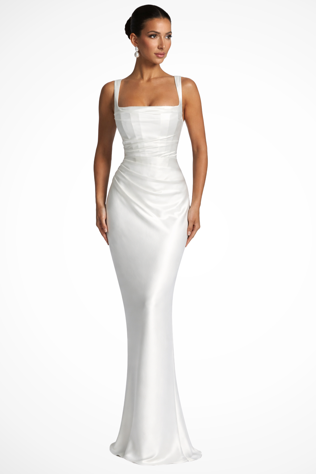 Elegant Maxi Dress | White Maxi Dress with Ruched Bodice & Coordinated Accessories for Formal Events 4
