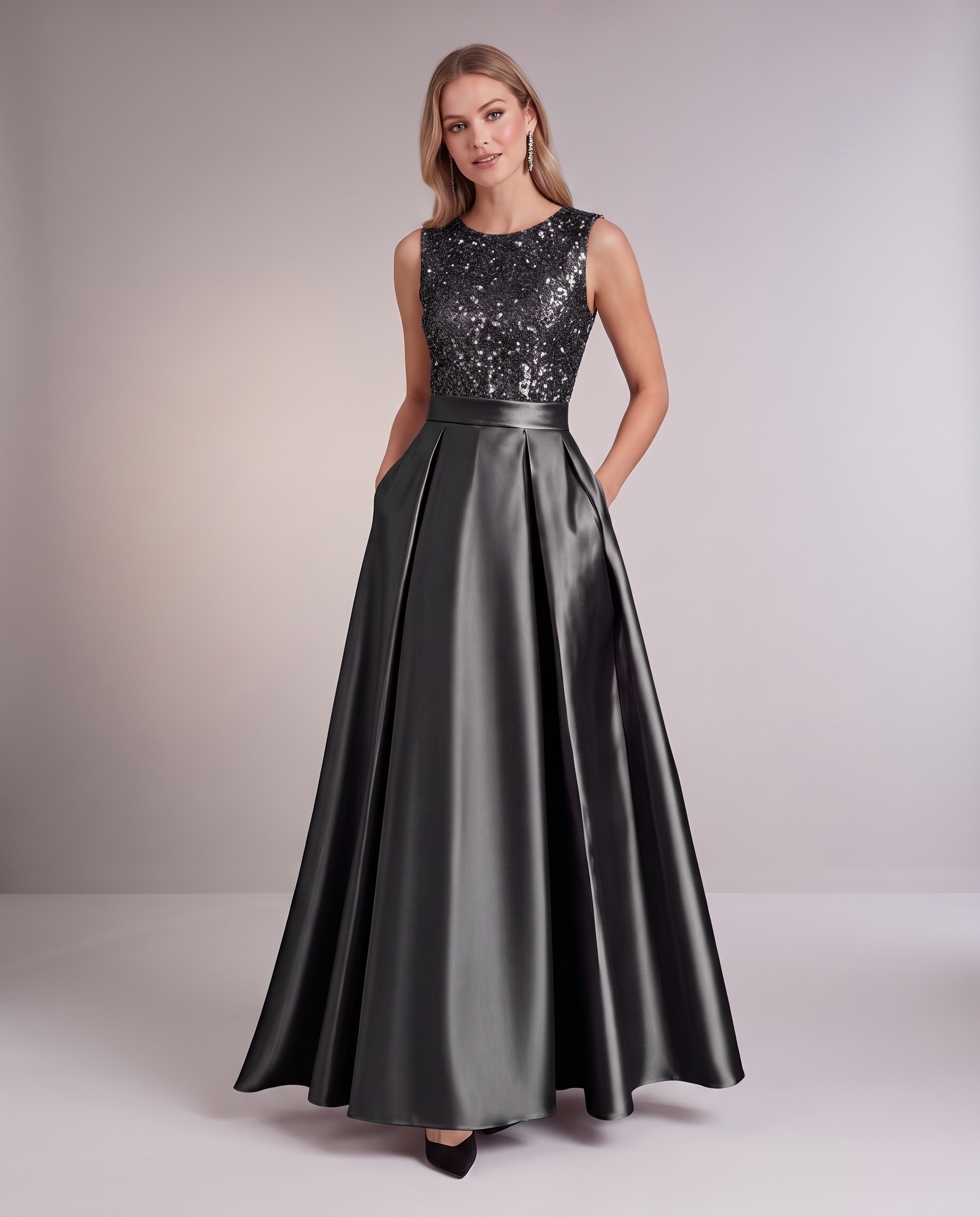 Elegant Maxi Dresses for Women | Black Satin Dress with Sequin Bodice for Formal Occasions 18