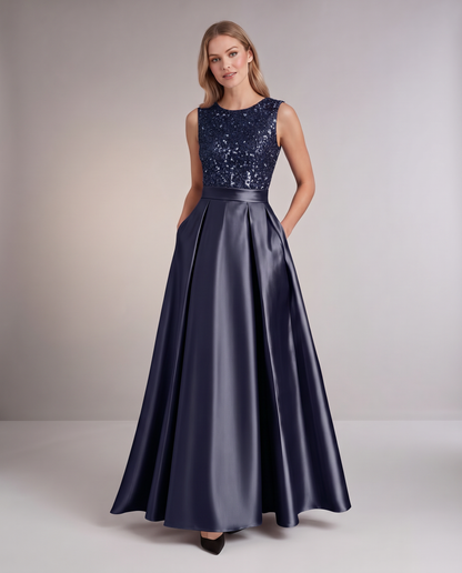 Elegant Maxi Dresses for Women | Black Satin Dress with Sequin Bodice for Formal Occasions 20
