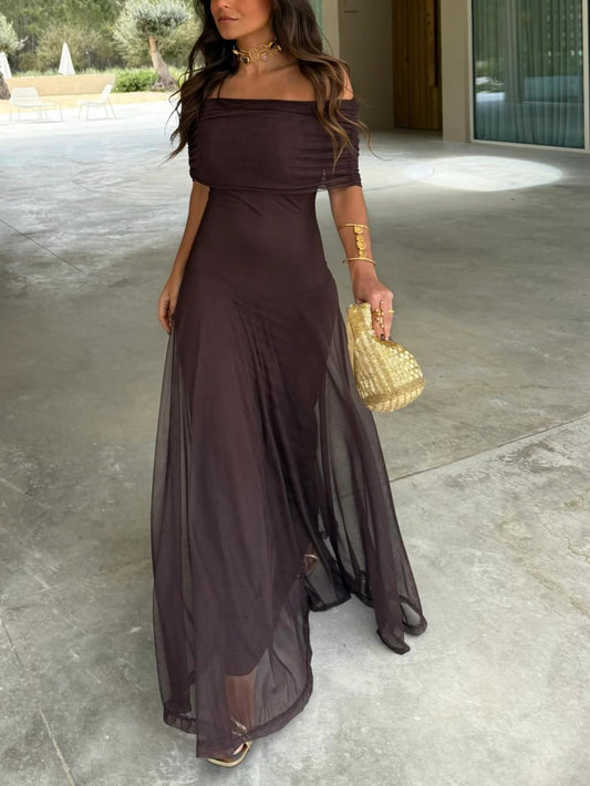 Elegant Maxi Dresses for Women | Off Shoulder Chiffon Design with Flowing Overlay | Perfect for Weddings and Special Occasions 0