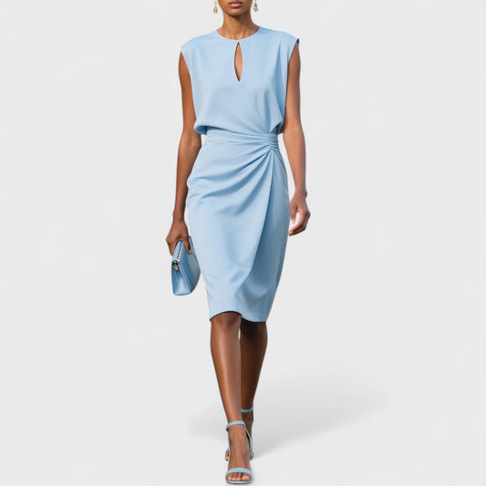 Elegant Midi Cocktail Dress with Ruched Design & Keyhole Neckline | Stylish Wedding Guest Dress for Special Occasions 0