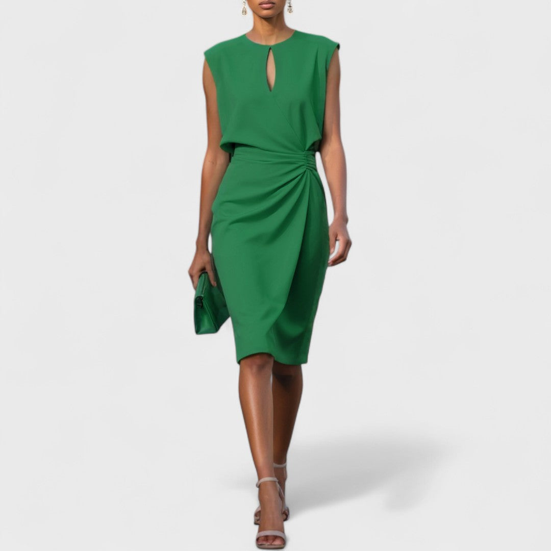 Elegant Midi Cocktail Dress with Ruched Design & Keyhole Neckline | Stylish Wedding Guest Dress for Special Occasions 3