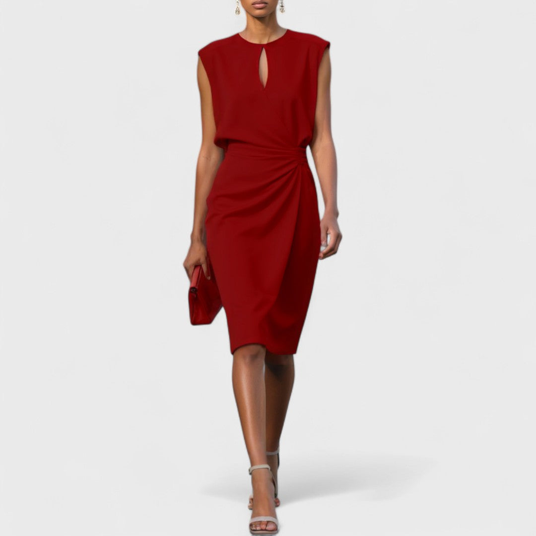 Elegant Midi Cocktail Dress with Ruched Design & Keyhole Neckline | Stylish Wedding Guest Dress for Special Occasions 4