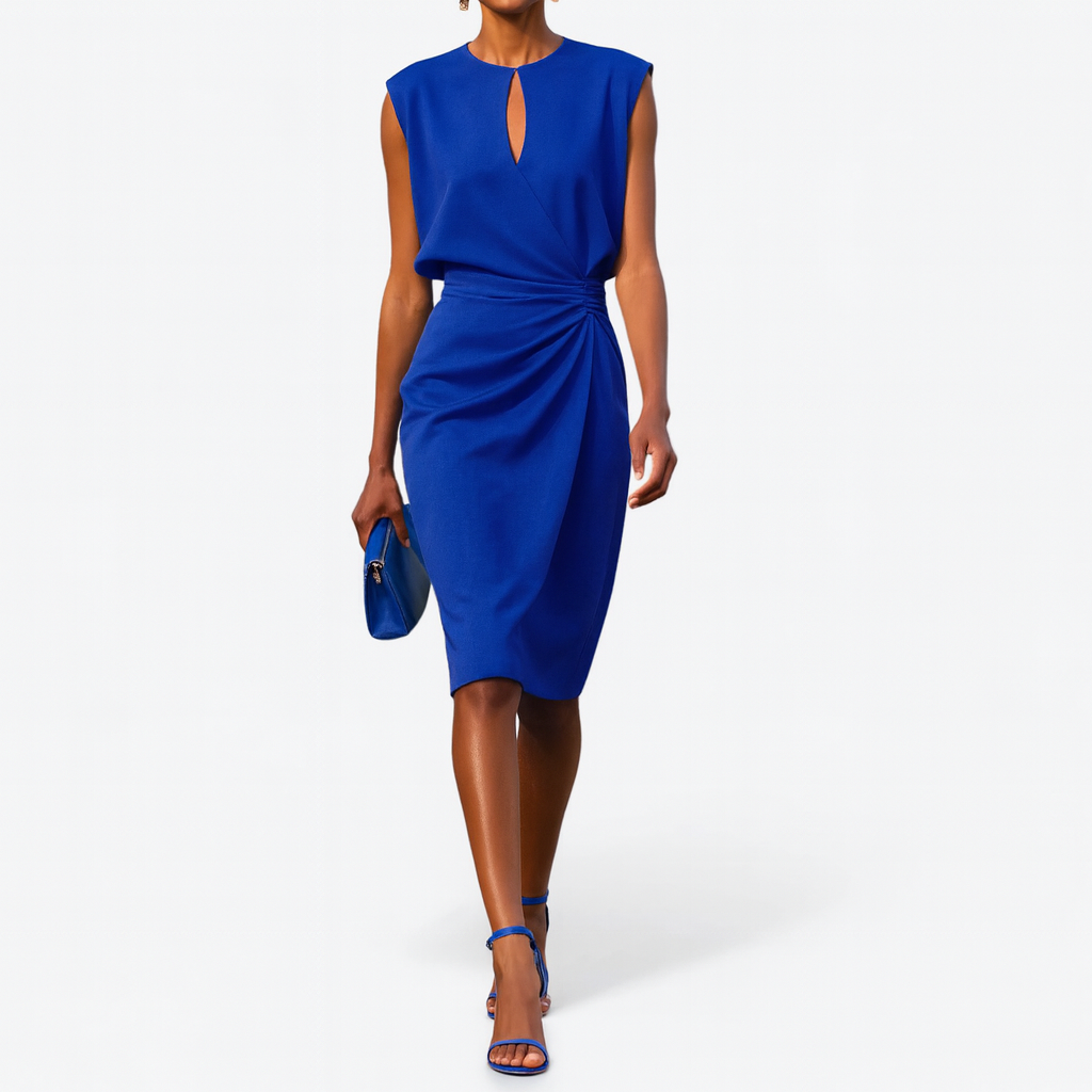 Elegant Midi Cocktail Dress with Ruched Design & Keyhole Neckline | Stylish Wedding Guest Dress for Special Occasions 5
