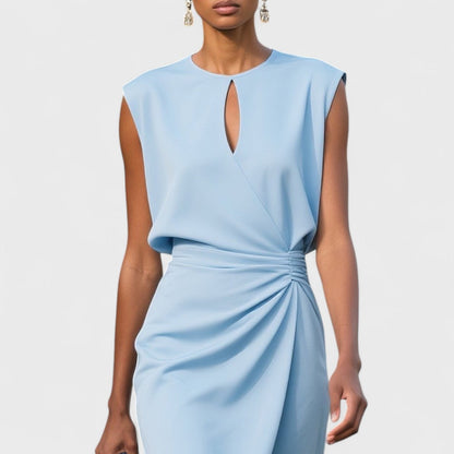 Elegant Midi Cocktail Dress with Ruched Design & Keyhole Neckline | Stylish Wedding Guest Dress for Special Occasions 6