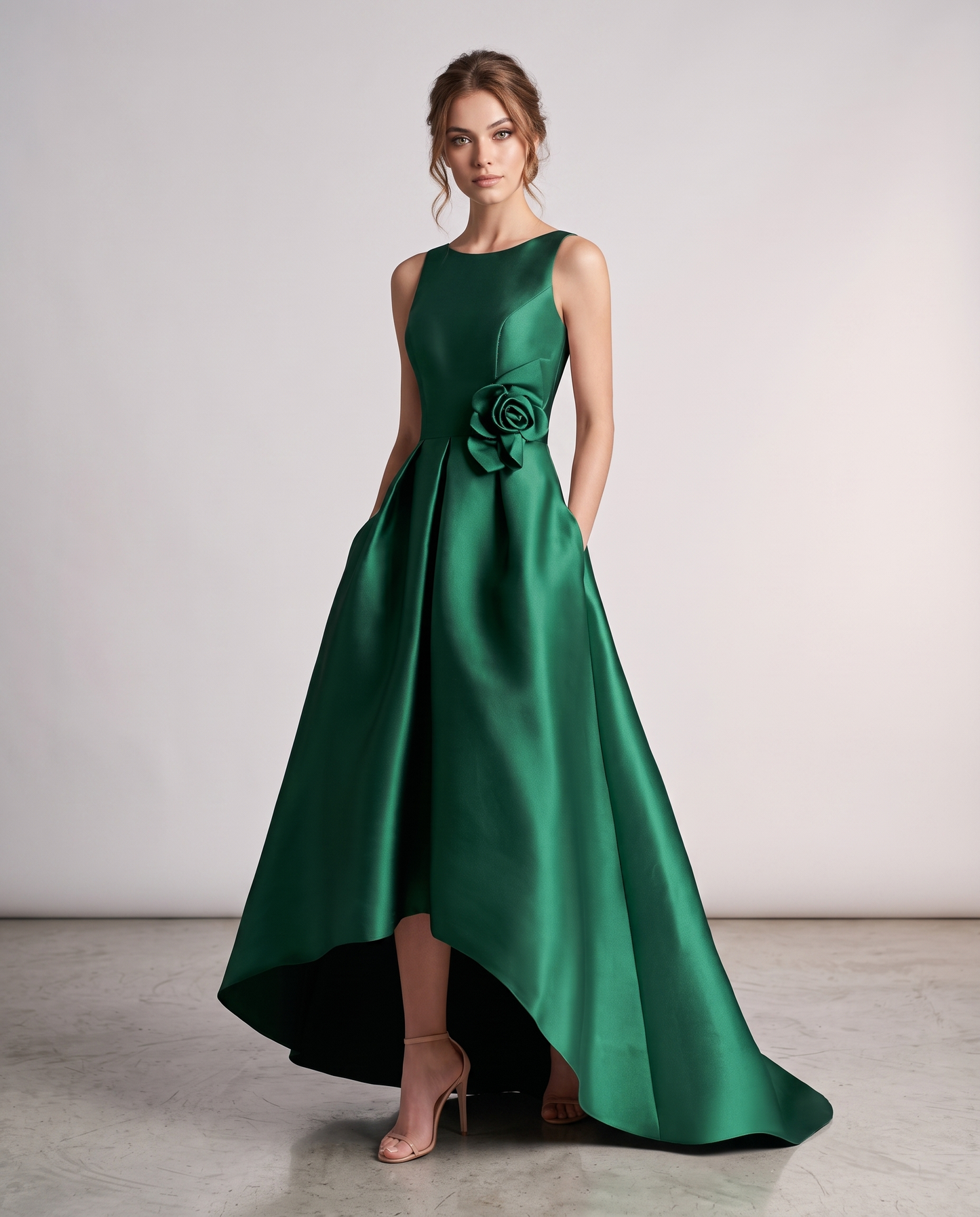 Elegant Satin Maxi Dress with High-Low Hem & Floral Applique for Formal Events 0