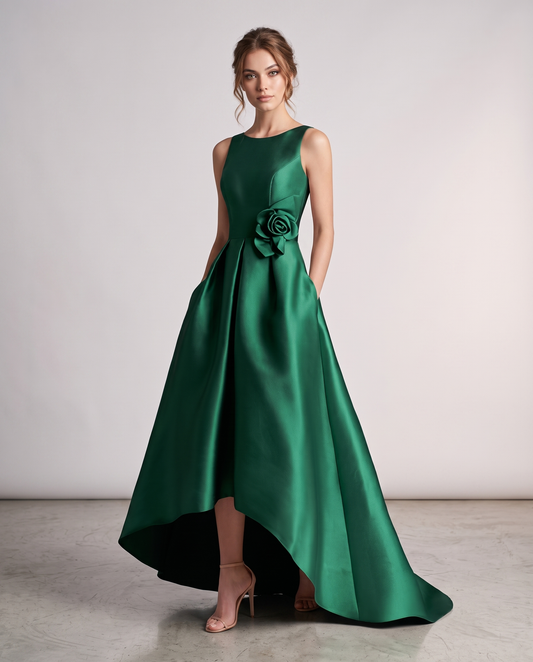 Elegant Satin Maxi Dress with High-Low Hem & Floral Applique for Formal Events 0