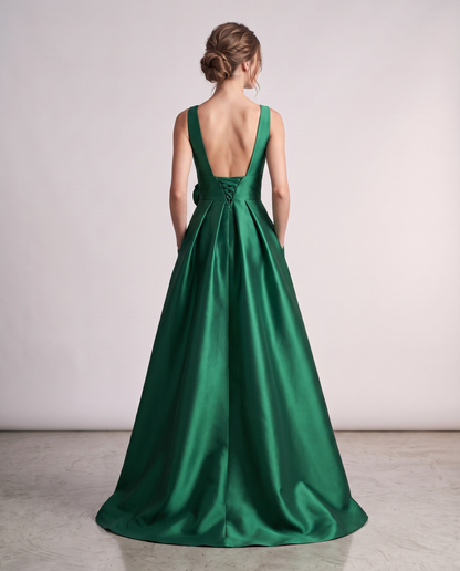 Elegant Satin Maxi Dress with High-Low Hem & Floral Applique for Formal Events 1