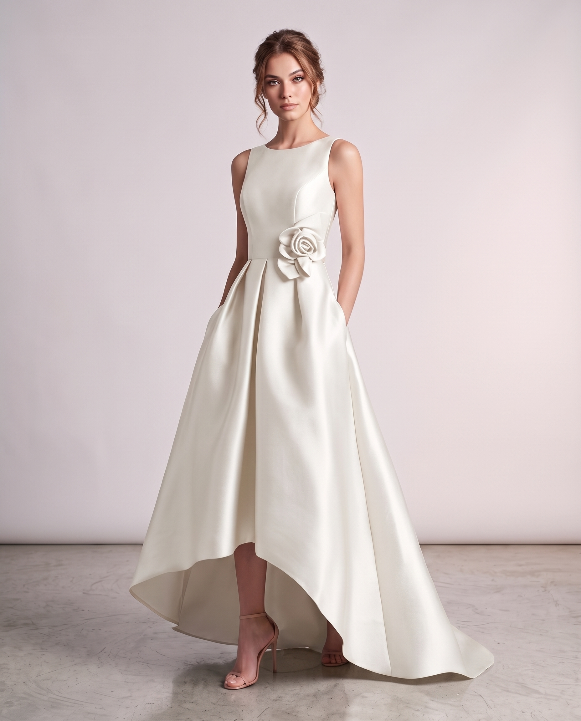 Elegant Satin Maxi Dress with High-Low Hem & Floral Applique for Formal Events 10