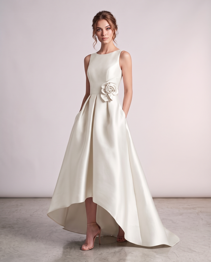 Elegant Satin Maxi Dress with High-Low Hem & Floral Applique for Formal Events 10