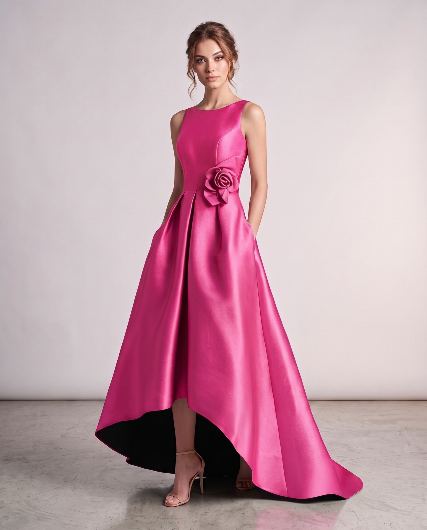 Elegant Satin Maxi Dress with High-Low Hem & Floral Applique for Formal Events 11