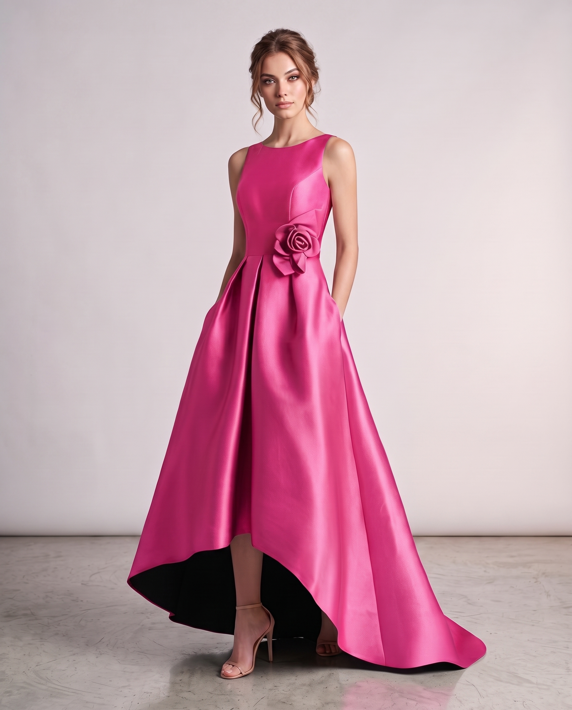 Elegant Satin Maxi Dress with High-Low Hem & Floral Applique for Formal Events 11